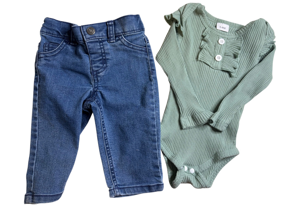 Preloved Baby Girl Sage Green Ribbed Long Sleeve Top and Jean Set